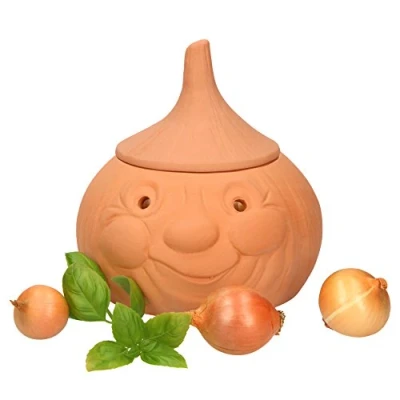 Afbeelding van MamboCat uienpot, uienhouder, terracotta, ronde kleipot, voor ca. 900 g uien, grappige voorraaddoos, voorraaddoos bewaarpot met deksel