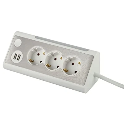 Afbeelding van maxtrack NV70 1,5WL Tafelstopcontact, 3 voudig hoekstopcontact, 2 x USB oplaadpoorten en ledverlichting, meervoudig stopcontact voor thuis met knop het in uitschakelen van de 1,5