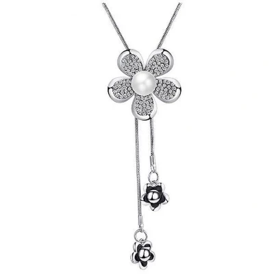 Afbeelding van N3 Collecties Vrouwen Statement Ketting Zilver Kleur Kristal Bloem Lange Kettingen Collier