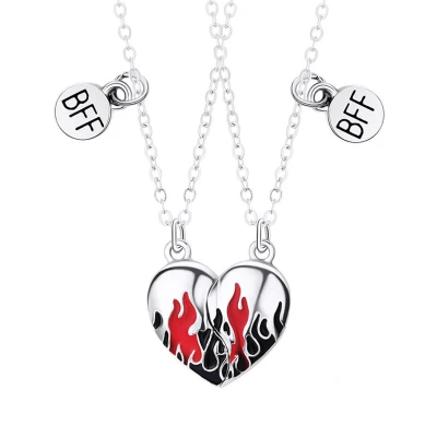 Afbeelding van Bixorp Friends Vriendschapsketting voor 2 Zilverkleurig Hart met Magneet Vlammen patroon BFF Cadeau
