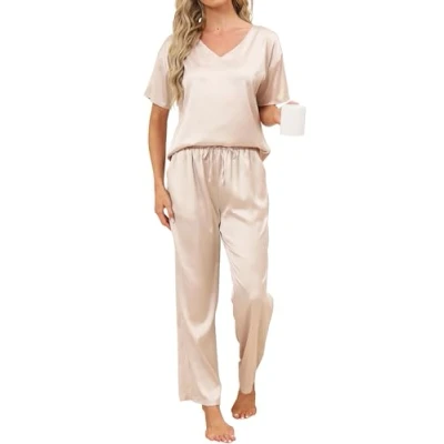 Afbeelding van Reliwel satijnen pyjama dames tweedelige elegante zijden set nachtkleding huispak shirt met korte mouwen &amp; pyjamabroek zachte Pj sets voor alle seizoenen, zwart, L