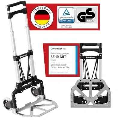 Afbeelding van ATHLON TOOLS Aluminium transportwagen inklapbaar extra lange telescopische handgreep 110 cm laadvlak met anti slip pads lichtlopende wielen zachte loopvlakken incl. 2 expanderkabels