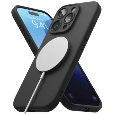 Afbeelding van Ringke Silicone Magnetic Compatibel met iPhone Pro Max Case, Cover Magnetisch Draadloos, Schokabsorptie Flexibele Soft Feel Hoesje Black