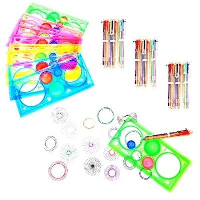 Afbeelding van JZK Set herbruikbaar plastic tekening Spirograph set, 10 stuks Spirograaf liniaal + veelkleurige balpen voor ambachten kinderen volwassen verjaardagsfeest zakvuller partij gunst