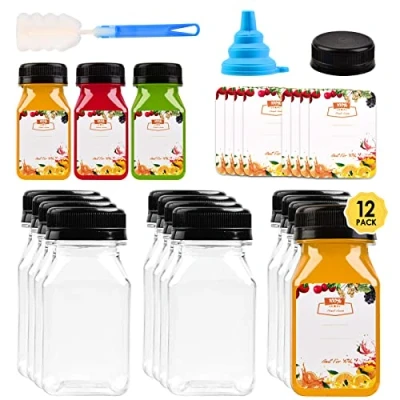 Afbeelding van V·Colokishi Lege plastic flessen van 226 ml met zwarte deksels, sap en smoothiedrankflessen, 8 oz herbruikbare doorzichtige drankcontainers voor mini koelkast, sapcentrifuge, klein water,