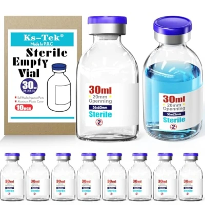 Afbeelding van Ks Tek Lege steriele ampullen met zelfherstellende injectieaansluiting aluminium doppen, steriel verpakt (30 ml, 10)