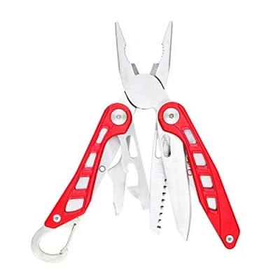 Afbeelding van Amazon Basics 8 in 1 Multifunctioneel gereedschap, roestvrij staal, met veiligheidsslot en nylon hoes, rood