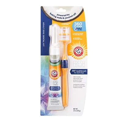 Afbeelding van ARM &amp; HAMMER kokosnoot Tandverzorging Kit voor Honden Bevat 360 tandenborstel, mint tandpasta vingerborstel. Tandsteenverwijderaar, verfrist de adem, tandvlees en tandreiniging.