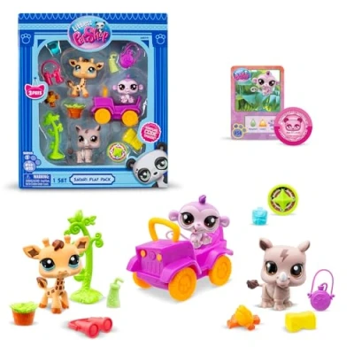 Afbeelding van Littlest Pet Shop, Safari Play Pack Gen 7, Pets #53, #54, #55, authentiek LPS figuur met pompon kop, speelgoed om te verzamelen voor kinderen, kinderen vanaf 4 jaar
