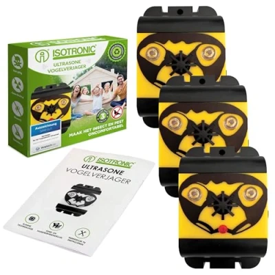 Afbeelding van ISOTRONIC Set van 3 ultrasone vogelafwerkers, vogelverschrikker, duivenafweer, duivenverschrikker, tegen duiven, vogels, meeuwen, katten op balkon, dakgoot, raam, fruitboom, zonder duivenspikes
