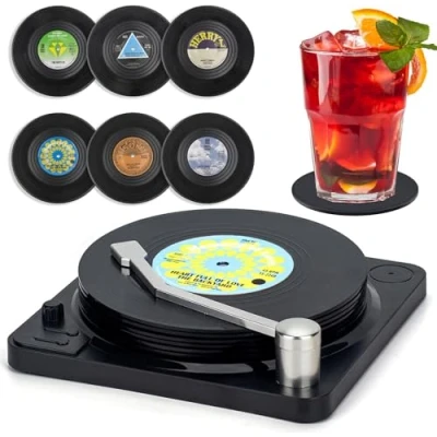 Afbeelding van Litensh 6 stuks retro CD vinyl plaat onderzetters, antislip rubberen drinkmatten onderzetter record geïsoleerde ronde thee koffie beker dranken matten tafelblad bescherming voorkomt uitglijden houder