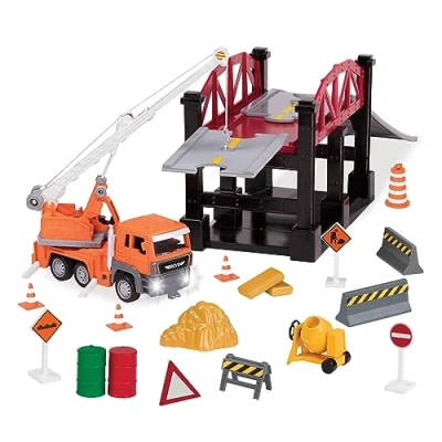 Afbeelding van Driven by Battat 35 delige bouwplaatsspeelset voor kinderen kraan speelgoed &amp; accessoires grote set speelgoedbrug, straatborden en meer vanaf 3 jaar micro brugbouwspeelgoed (35 delen)
