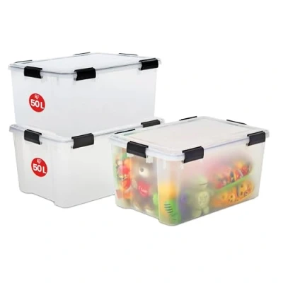 Afbeelding van Iris Ohyama, Plastic opbergdoos, Set van 3 luchtdichte 50L boxen, AT L, Helder, B59 x D39 H29 cm 50L/Set