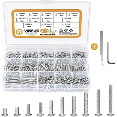Afbeelding van VIGRUE 400 stuks M4 schroevenset, roestvrij staal 304 schroeven en moeren, sluitringen, set ronde knop, lenskop, binnenzeskant met schroefsleutel, schroefdraadschroeven