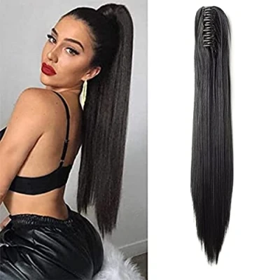 Afbeelding van SEGO Haarstukje, paardenstaart, zwart, haarverlenging, lang, synthetisch, met clip, 53 cm, donkerzwart