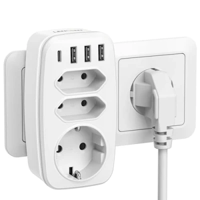 Afbeelding van LENCENT Ladron Meervoudige stopcontacten, 4000 W, USB wandlader met 1 AC Schuko stekker, 2 EU stekkers, type C poort en 3 poorten, stekker voor familie, kantoor keuken