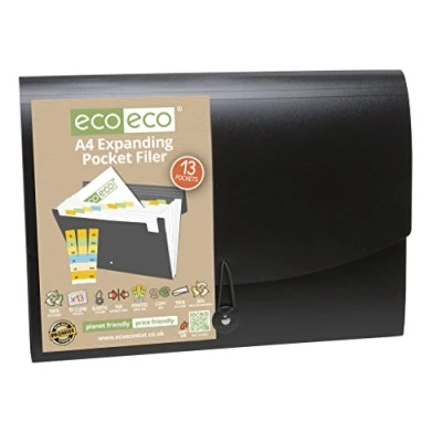Afbeelding van eco A4 50% gerecycled 13 doorzichtige zak zwarte cover uitbreidende bestandsorganisator Documentmap Gedrukte indextabbladen