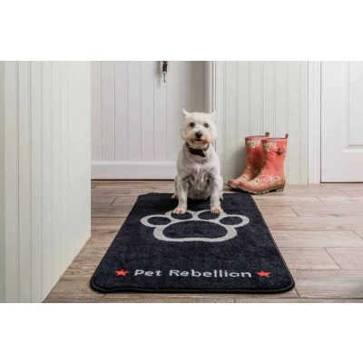 Afbeelding van Pet Rebellion Stop Muddy Paws Big Paw Black XL 57 x 110 cm Tapijt Droogloopmat Schoonloopmat Voermat Anti Slip Machine Wasbaar