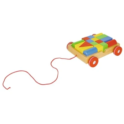 Afbeelding van goki Pull along cart with 18 building blocks, basic.