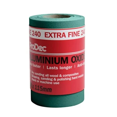 Afbeelding van ProDec 5 m rol 240 grit extra fijn groen aluminiumoxide schuurpapier voor het schuren van hout, verf, gips, vulmiddel, metaal en meer, 115 mm breed compatibel met machineschuurmachines