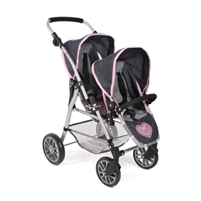 Afbeelding van Bayer Chic 2000 poppenwagen Twinny, dubbele voor twee poppen, tweelingsbuggy kinderen van 4 tot 8 jaar, gemêleerd grijs navy