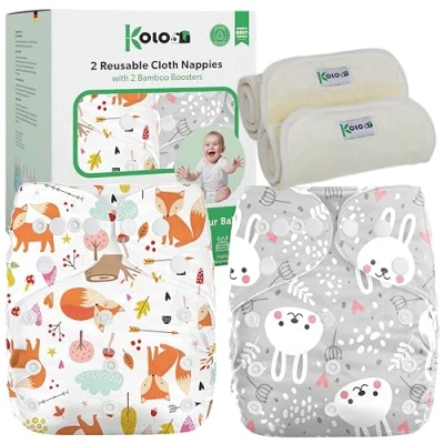 Afbeelding van Kolo Herbruikbare luierset voor kinderen en baby&#039;s: 2 verstelbare luiers met zak binnenzak + absorberende inzetstukken van bamboe, unisex grootte, 100% milieuvriendelijk