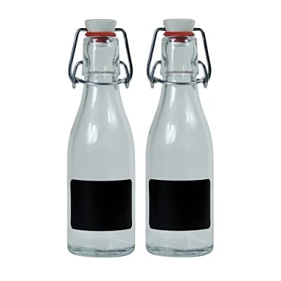 Afbeelding van Viva Haushaltswaren 2 x kleine glazen fles 200 ml leeg met beugelsluiting van porselein om te vullen, als transparante sapfles en oliefles gebruiken (incl. etiketten)