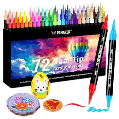 Afbeelding van 72 kleuren acrylverf marker, dubbele tip met fijne punt en penseelpunt, stiften voor steen, hout, kalligrafie, canvas, keramiek, metaal, glas, rock schilderen, doe het zelf handwerk