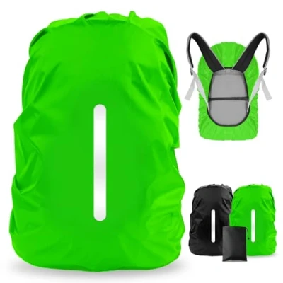 Afbeelding van LAMA 2 stuks waterdichte regenhoezen, met reflecterende strepen, voor rugzak, schooltas, wandelen, kamperen, fietsen, reizen, M, 26 40 l, zwart/groen