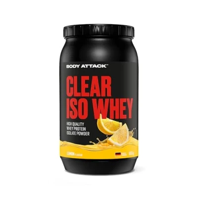 Afbeelding van Body Attack Clear Iso Whey Lemon, 900 g, Made in Germany, verfrissend, helder weiproteïne isolaat, 24 g eiwit en 11.400 mg EAA&#039;s per Shake, suiker vetvrij