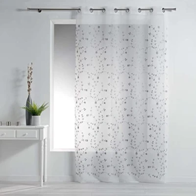 Afbeelding van Gordijn met Oogjes 140 x 240 cm Geborduurd Zand Small Flower Design Wit/Grijs