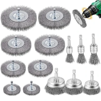 Afbeelding van Omtofo draadborstel, boormachine, 14 stuks, 6 mm, metalen borstels, accuschroevendraaier, met zeskantstang, draadborstelset, voor polijsten, slijpen, ontroesten, ontbramen,
