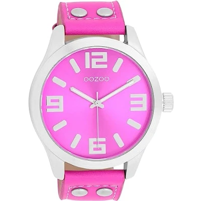 Afbeelding van Oozoo Timepieces Dameshorloge, polshorloge met leren armband, hoogwaardig horloge voor vrouwen, elegant analoog dameshorloge in rond, zilverkleurig/fluo pink, Riemen.
