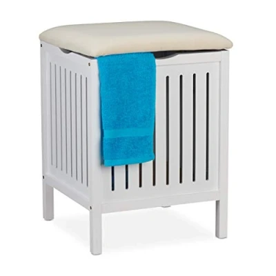 Afbeelding van Relaxdays wasmand kruk wasbox wit badkamerstoel wasgoed mand hout badkamerkruk