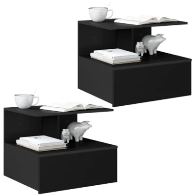 Afbeelding van WOLTU Hangend nachtkastje, set van 2, nachtkastje voor slaapkamer met 1 lade en open vak, kast moderne kinderkamer, wandbevestiging, hout, zwart, 40 x 35 31 cm