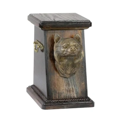 Afbeelding van Art Dog Custom Memorial Urn Handgemaakte Box Koudgegoten bronzen hondenkop op berkenbasis 19cmx32cmx30cm Chihuahua (langharig)