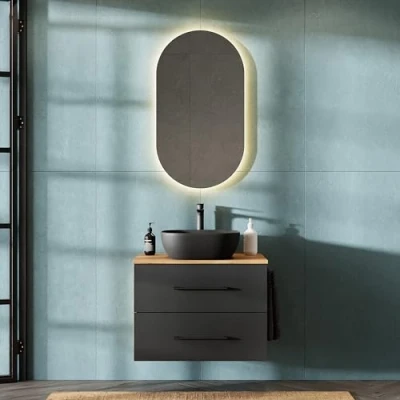 Afbeelding van Planetmöbel LUX Badkamermeubelset, wastafel met onderkast 70 cm, opzetwastafel 42 cm zwart, spiegel 50 (zonder led), wastafelonderkast goud eiken/antraciet