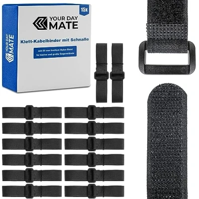 Afbeelding van Klittenband met gesp, 15 stuks, 25 cm lang, in zwart, nylon kabel klittenband, gesp hersluitbare organiser, kabelbinders klem kabelriem