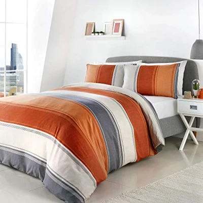 Afbeelding van Fusion Oranje dekbedovertrek met brede strepen super kingsize beddengoed (26x 220cm) modern gestreept in terracotta en grijs oranje/grijs gevoerd set Betley Classic