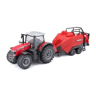 Afbeelding van Bburago B18 31667 Die Cast Massey FERGUSSON 8740S tractor met werkend BALER hefvoertuig, rood