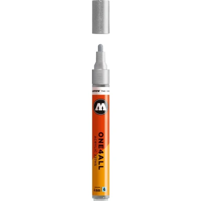 Afbeelding van Molotow ONE4ALL 4mm Acryl Marker Metallic Silver Geschikt voor vele oppervlaktes zoals canvas, hout, steen, keramiek, plastic, glas, papier, leer...