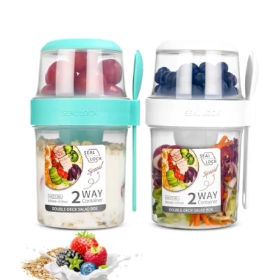 Afbeelding van SinLaw 2 stuks mueslibekers to go, yoghurtbekers voor onderweg met lepel, yoghurt go beker, dubbellaags, lekvrije yoghurtbeker, slabeker (wit + groen (310 ml 560 ml)