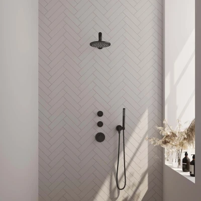 Afbeelding van BRAUER Black Edition thermostatische inbouw regendouche SET 01 met 20 cm douchekop en rechte muurarm staaf handdouche doucheslang