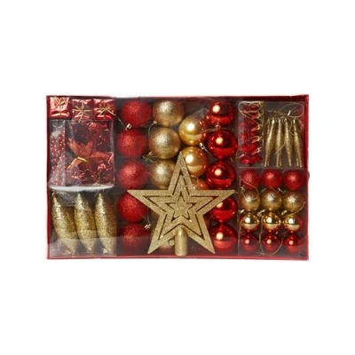 Afbeelding van Heitmann Deco Kerstboomversiering goud/rood 60 stuks set incl. piek, ballen, parelketting, slinger en sterren kunststof