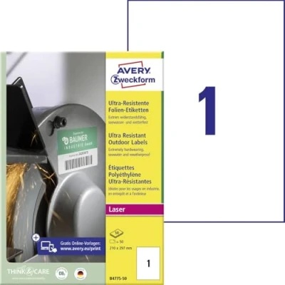 Afbeelding van Avery Zweckform B4775 50 Universele etiketten 210 x 297 mm Polyethyleen folie Wit stuk(s) Permanent hechtend Laser (zwart/wit), (kleur)