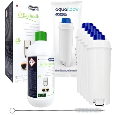 Afbeelding van 5 pack waterfilter vervangt DLSC002 filterpatroon SER3017 filterpatronen 5513292811 compatibel met Magnifica Caffe Cappuccino ECAM ETAM EPAM ESAM BCO incl. DeLonghi EcoDecalk 500ml / reinigingsborstel