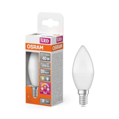 Afbeelding van OSRAM LED Superstar Classic B piston lamp with three light scenes: Relax, Active, Sleep. Made of frosted plastic, 4.9 W, E14 socket, colour temperature 2,700 4,000 K, controllable via wall switch.