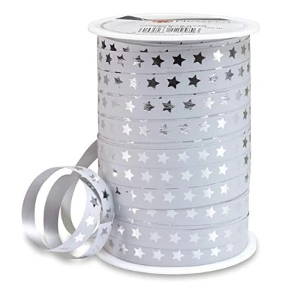 Afbeelding van Krullint wit met zilveren sterren Kerstlint 10mm x 100 meter