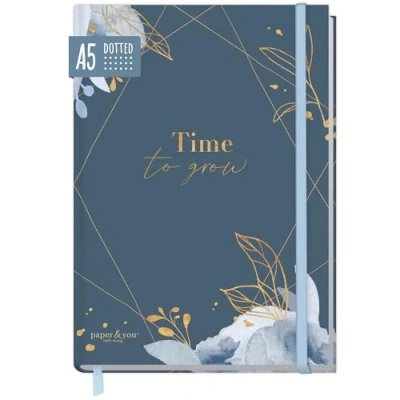 Afbeelding van paper&amp;you® Bullet Journal gestippeld A5 met elastiek [Time to Grow Blue] 156 pagina&#039;s notitieboek gestippeld, dagboek duurzaam &amp; klimaatneutraal