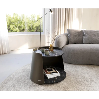 Afbeelding van DELIFE Salontafel Daban 59x59 cm keramiek Laminam®Noir Desir bruin metalen onderstel titaniumkleurig